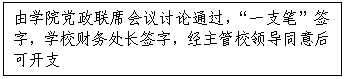 文本框:由学院党政联席会议讨论通过，“一支笔”签字，学校财务处长签字，经主管校领导同意后可开支